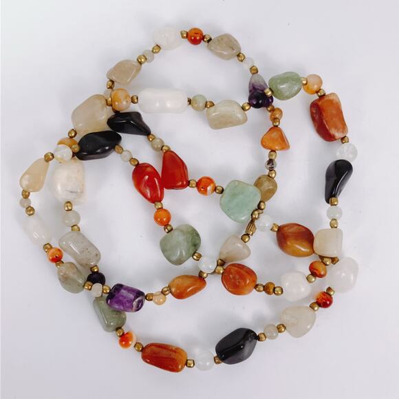Vintage 1960s Long Gemstone Necklace 34" Jadeite Amethyst Carnelian Onyx Quartz - Picture 3 of 10